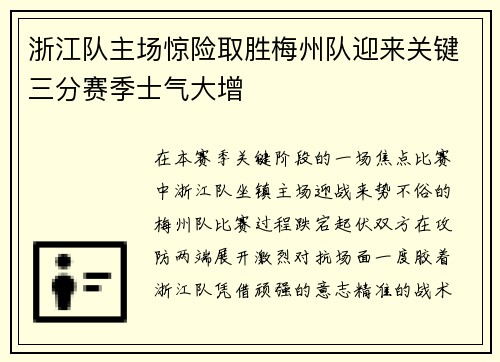 浙江队主场惊险取胜梅州队迎来关键三分赛季士气大增 浙江队主场惊险取胜梅州队迎来关键三分赛季士气大增
